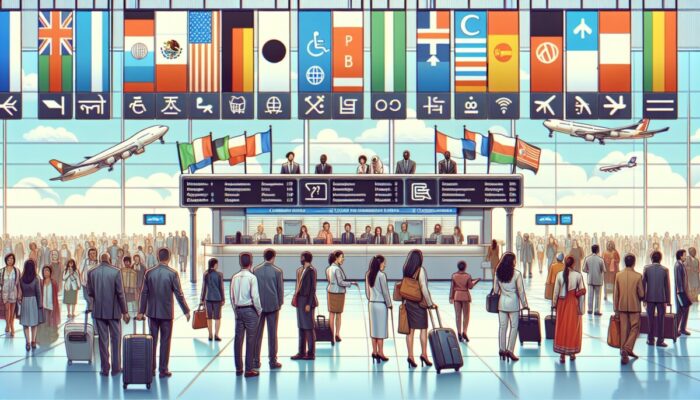 Diverse travellers at airport using multilingual kiosk, smiling and communicating, surrounded by international flags.