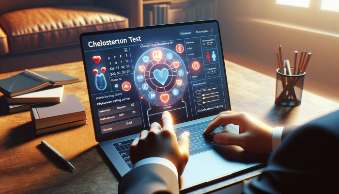 Person using laptop to book cholesterol test online in a cosy home office.