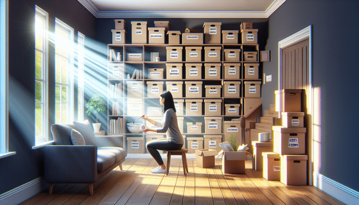 A tidy UK home with labelled boxes and a person sorting items into keep, donate, and discard piles.