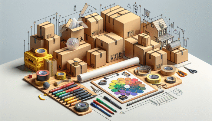 Sturdy boxes, packing tape, bubble wrap, and markers on a table, labelled for house clearance.