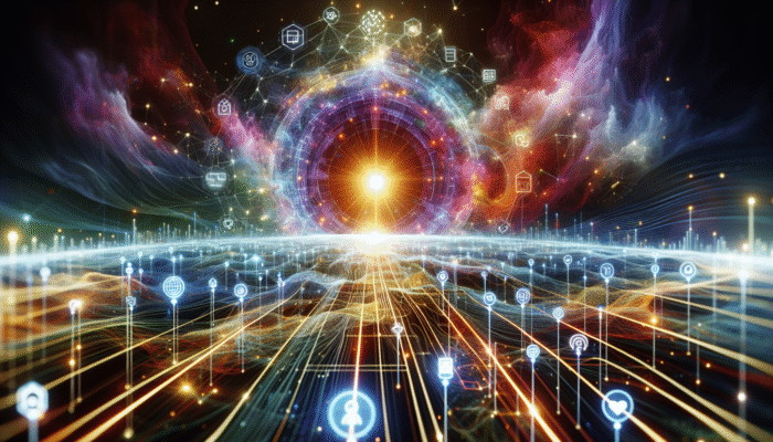 A glowing website surrounded by social media icons and data streams, symbolising a robust online presence.