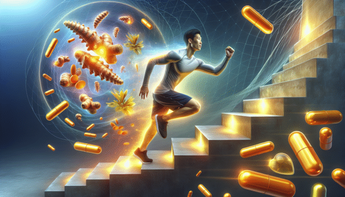Person climbing stairs and playing sports, surrounded by turmeric roots and capsules, symbolising reduced inflammation and improved joint health.