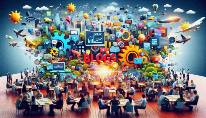 A vibrant scene of digital marketing with blogs, videos, and infographics engaging an audience, symbolising trust and authority.