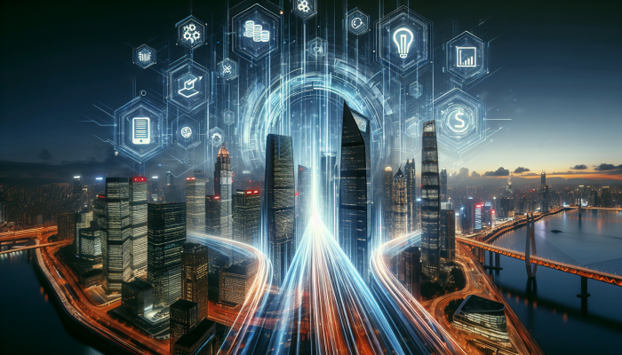 Debt Consolidation Loans from Fintech Companies: A Guide | DCL Futuristic cityscape with fintech logos on skyscrapers, data streams symbolizing efficient debt consolidation.