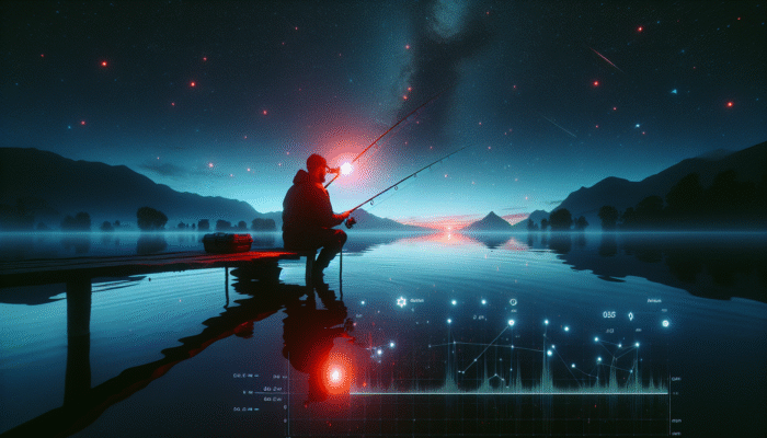 An individual using a water-resistant headlamp with red light mode to fish at night on a peaceful, starry lake.