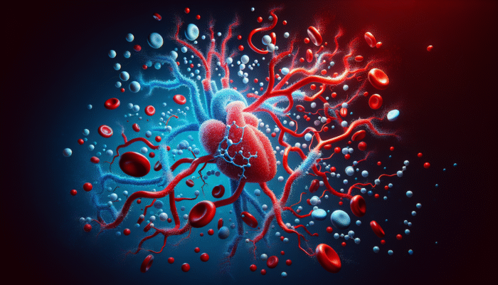Illustration of nitric oxide molecules enhancing cardiovascular health in blood vessels, depicted in red and blue colours.