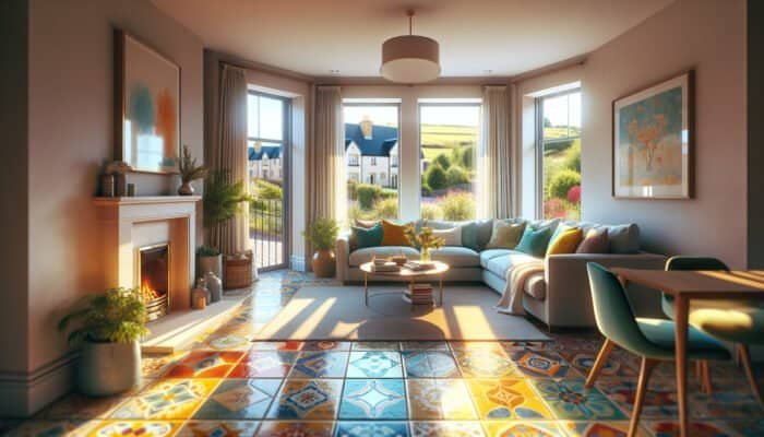 Inviting living room showcasing vibrant, clean ceramic tile floors in Stirling, enhancing warmth and spaciousness.