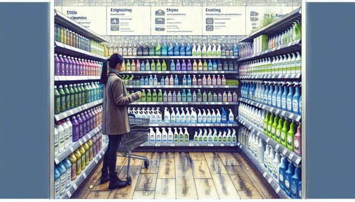 Individual selecting eco-friendly, pH-neutral tile cleaners in a well-stocked Stirling store.