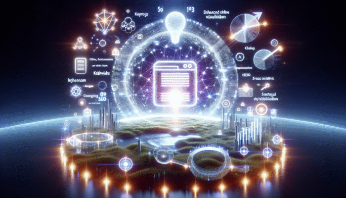 A glowing website surrounded by floating keywords and SEO tools, symbolising enhanced online visibility.