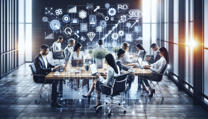 Entrepreneurs and SMEs using digital devices in a contemporary office, implementing SEO strategies that result in improved website rankings.