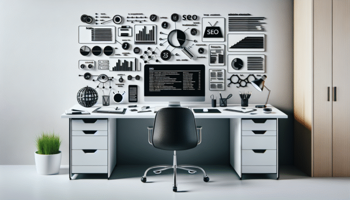 A minimalist workspace featuring a computer displaying SEO analytics, tools like Yoast and Google Keyword Planner, emphasising content creation and link building.