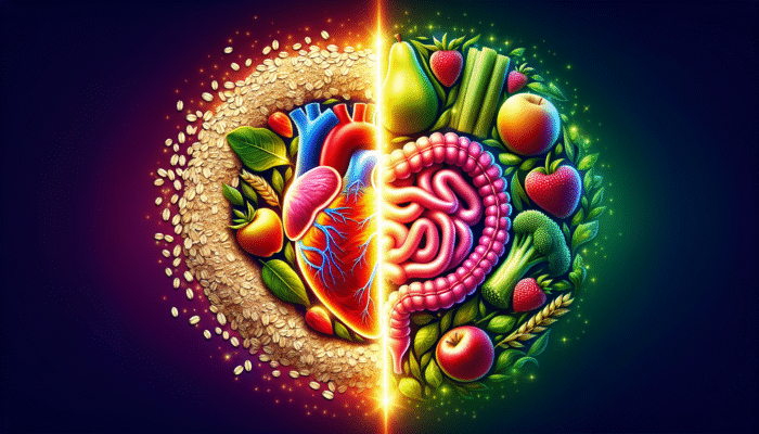 Illustration depicting soluble fiber from oats and fruits aiding heart health, while insoluble fiber from vegetables supports digestive health.