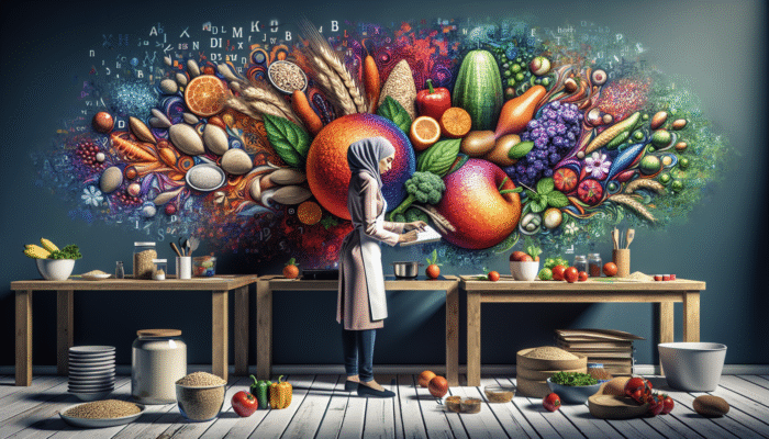 A nutritionist meticulously planning vibrant high-fiber meals with whole grains, fruits, and vegetables.