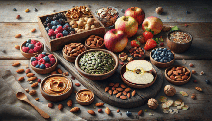 A vibrant selection of healthy snacks including nuts, seeds, and fruit-based treats on a rustic wooden table.