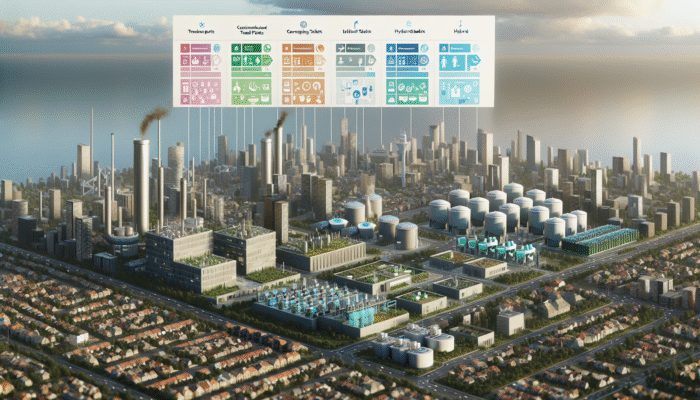 A vibrant cityscape showcasing centralized, decentralized, and hybrid sanitation systems tailored to urban needs.