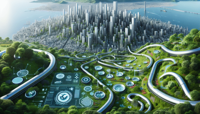 A futuristic cityscape with central urban core and eco-friendly sanitation units in peripheral areas.