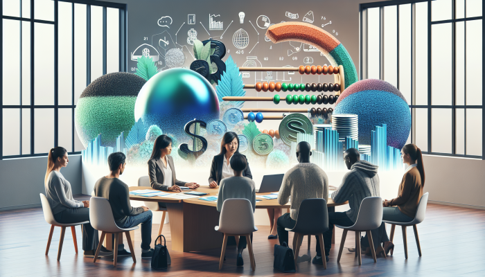 A diverse group receiving personalised debt management plans from a counselor in a UK office, surrounded by financial tools.