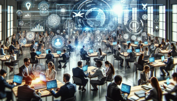 A diverse group of professionals at a focused workshop, utilising modern technology and networking for career advancement.