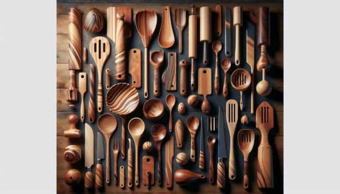 Durable wooden kitchen utensils made from maple, beech, and walnut displayed on a rustic table, showcasing their grain patterns.