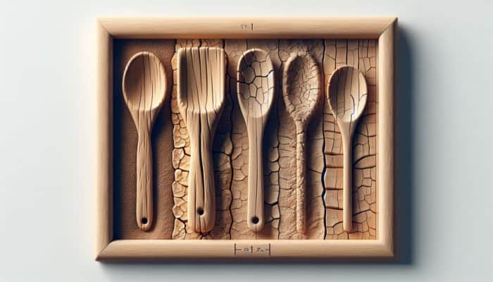 Wooden kitchen utensils exhibiting effects of moisture: warped, brittle, and ideally balanced at 6-8% moisture content.