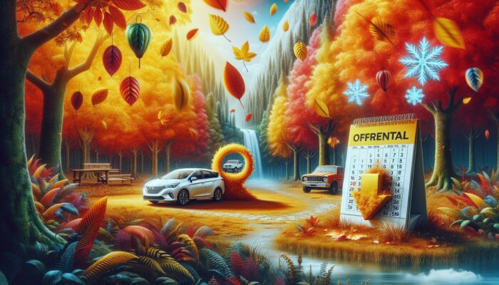 A serene autumn landscape with a car rental office, colourful falling leaves, and a calendar indicating off-peak seasons.