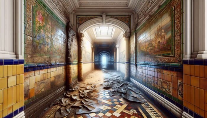 Victorian tiled hallway restoration process, deep cleaning with specialized solutions, revealing original colours and patterns.