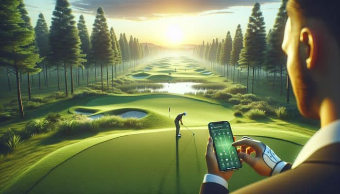 Golfer using an app on a smartphone during sunset on a golf course to analyse swing data.
