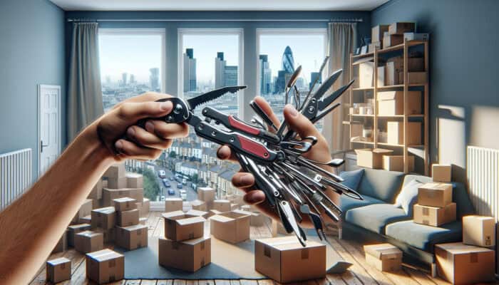 Hand Tools for Streamlined House Clearance Projects: A person employing a multi-tool to effectively clear a cluttered London apartment.