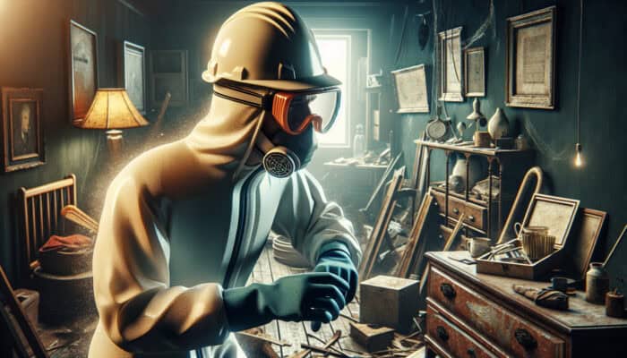 Person in safety gear navigating a cluttered, dimly lit house during clearance.