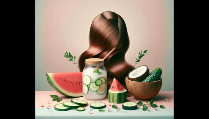 A still life featuring watermelon, cucumber, and coconut water surrounding healthy hair on a pastel backdrop.