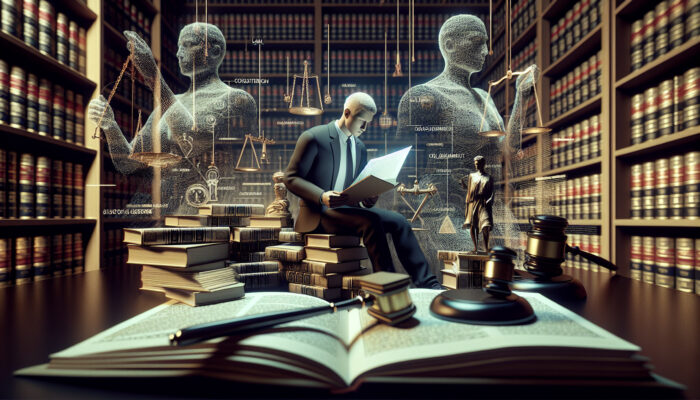 Individual in a library reviewing "Legal Considerations for Clearance" document, surrounded by law literature, a gavel, and scales of justice.