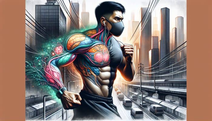 Urban fitness enthusiast jogging in polluted city, shielded by antioxidant aura.