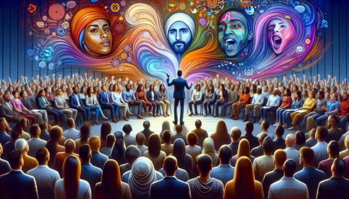 A diverse audience captivated by a storyteller weaving a compelling narrative, surrounded by rich colours.