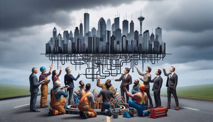Group of drainage repair experts in Vancouver discussing strategies with a city map, under a cloudy sky.