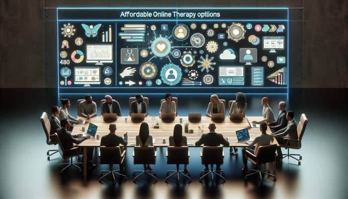 A diverse group of mental health professionals discussing affordable online therapy options at a modern conference table with digital screens.