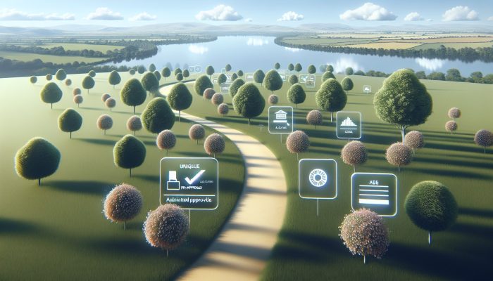 A serene UK countryside with spaced trees, a soft path, and a clear sky symbolising credit management.