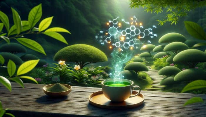 Boosting Metabolism With Green Tea: A steaming cup of green tea on a wooden table in a serene Japanese garden, surrounded by vibrant green tea plants with glowing catechins and caffeine molecules floating above, symbolising metabolism boost.