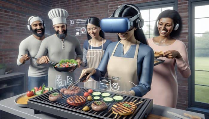 Experience of VR BBQ Cooking Simulations: Individual using VR headset grilling on a virtual BBQ, surrounded by a 3D setting, tutorials, feedback, and multiplayer cooking.
