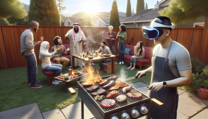 Individual using VR to grill meats on a virtual BBQ, alternating with real-life cookouts in a sunny California backyard, surrounded by a community of learners.