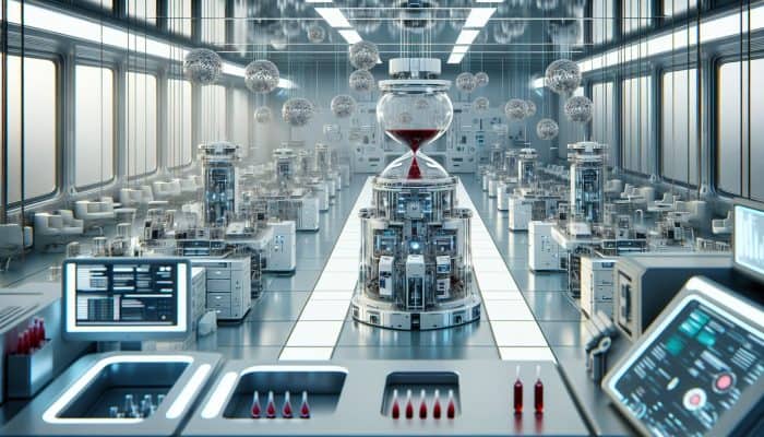 Blood Test Nanotechnology: A futuristic lab with nanoscale devices analysing a blood sample, enhancing diagnostic accuracy and speed.