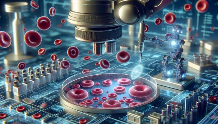 Nanobots analysing and manipulating blood cells under a microscope in a high-tech lab.