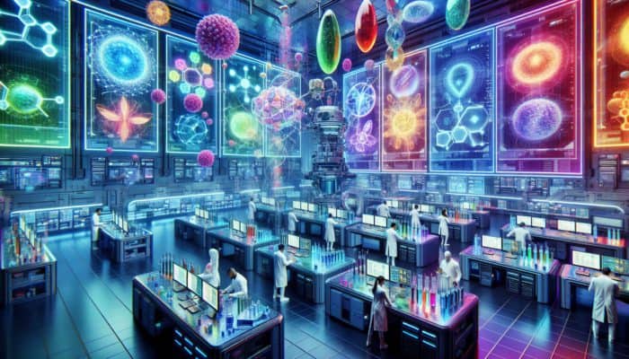 A futuristic lab where scientists customise advanced multivitamins with high-tech equipment and colourful nutrient visualisations.