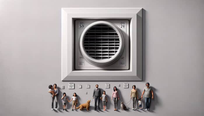 A pristine air vent in a modern Abbotsford home, featuring a calendar indicating annual cleaning and a family with pets.