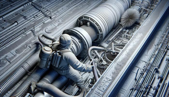 Technician employing high-powered vacuum and rotary brush to clean the ventilation system, removing dust and debris.