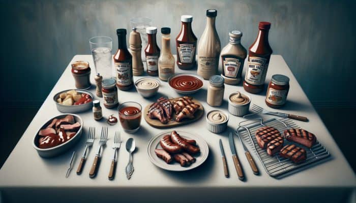A table with Kansas City BBQ sauce in a jar, Alabama white sauce in a bowl, and a custom BBQ sauce in a bottle, alongside grilling tools and meats.