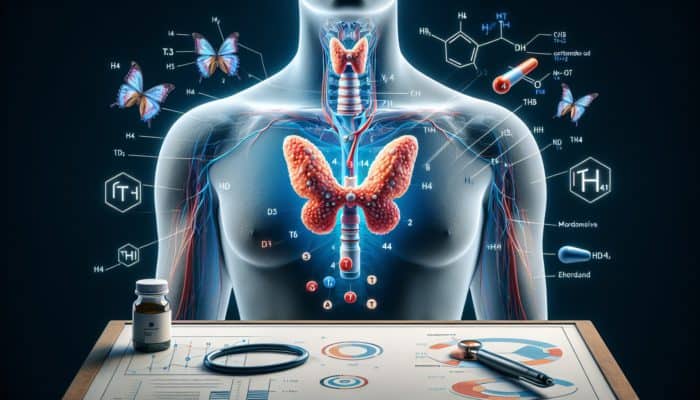 Illustration of thyroid gland located below the Adam's apple, responsible for releasing T3 and T4 hormones that regulate metabolism, energy levels, and heart rate.