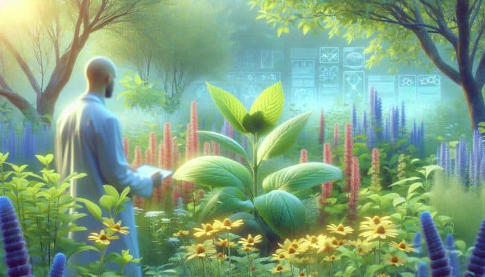 A peaceful garden featuring herbs like lemon balm and ashwagandha, with an expert examining plants in the background.