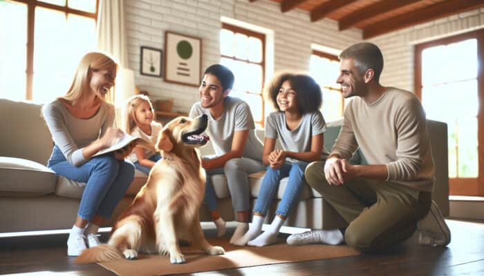 Golden Retriever joyfully interacting with family, practising sit, stay, and come commands in the living room.
