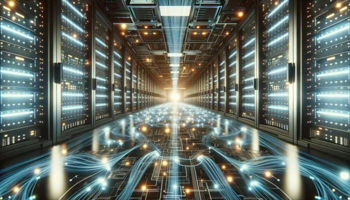 A modern server room with glowing caches enhancing data speed through light streams.
