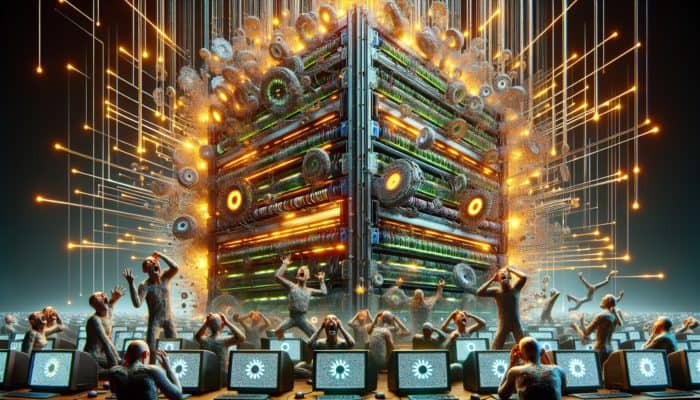 A server overwhelmed with stale data, frustrated users seeing outdated information, highlighting the need for updated caching.